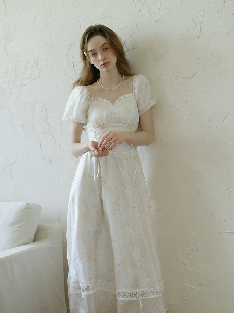 White Floral Corset Waist Dress