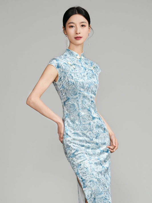 Aquamarine Flowers - Sleeveless Retro Long Cheongsam