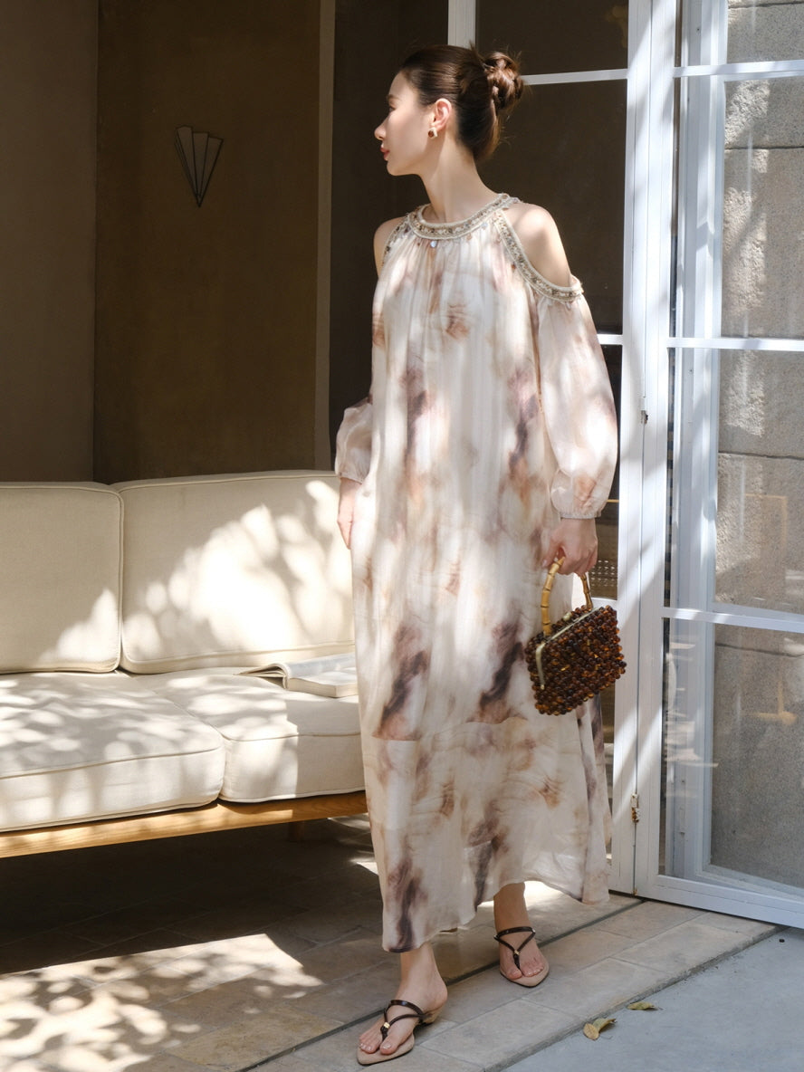 Elegant Cold-Shoulder Tie-Dye Dress