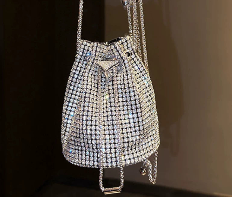 Rhinestone-Embellished Drawstring Bucket Bag