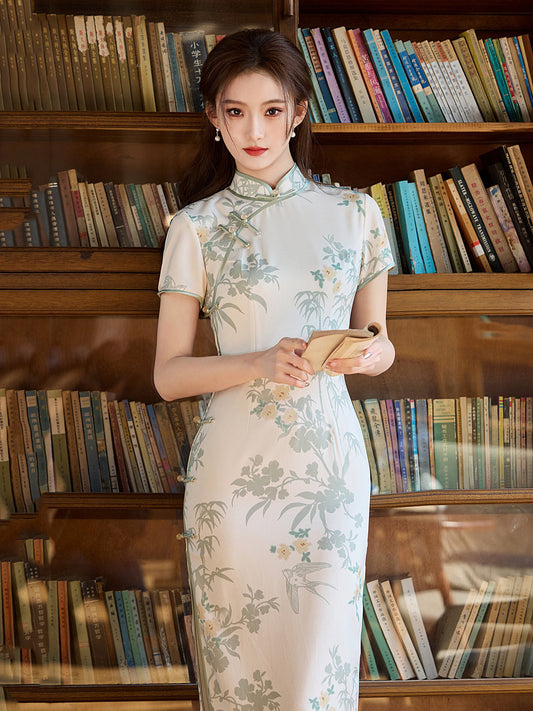 Rice Fields - Short Sleeve Vintage Painting Long Cheongsam