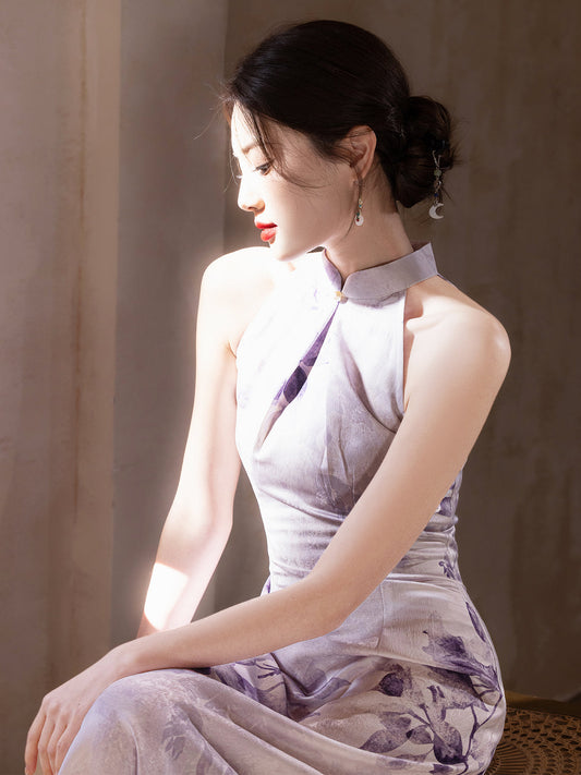 Purple Elegant Flowers 雅紫繁花 - Halter Neck Satin Long Cheongsam