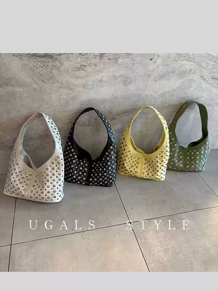 Punk Studded Hobo Shoulder Bucket Tote Bag