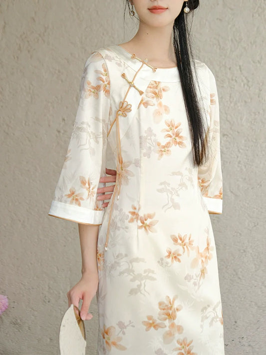 Orange Blossoms - New Chinese Style Cheongsam Dress (Preorder)