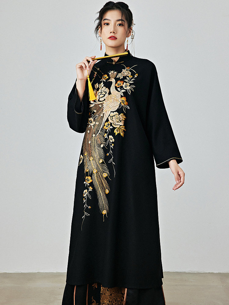 Golden Phoenix - Wool Cheongsam Dress for Autumn and Winter
