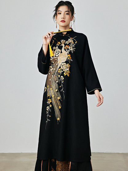 Golden Phoenix - Wool Cheongsam Dress for Autumn and Winter