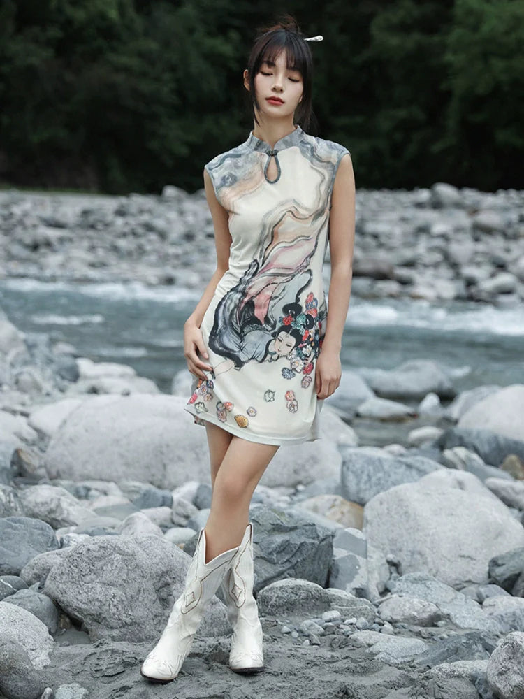 New Chinese Style Stand-Up Collar Short Dress - Chang'E