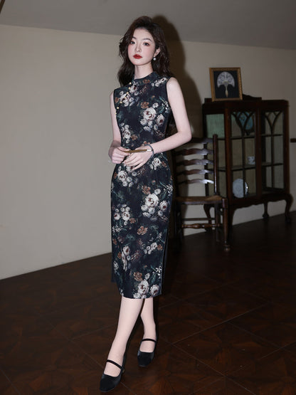 Bright Fleurs 黛色锦簇 - Sleeveless Vintage Floral Black Cheongsam