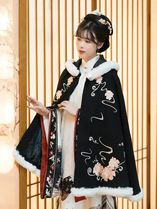 Flowers - Plus-size Hooded Fleece Cloak for Hanfu