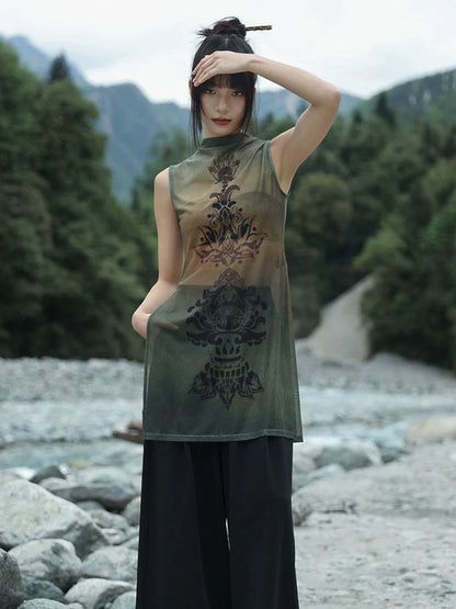 New Chinese Style Summer Slit See-Through Mesh Top