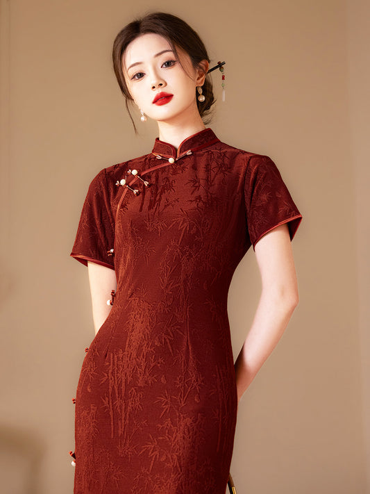 Red Flames 赤焰 - Short Sleeve Wedding Cheongsam for Tea Ceremony