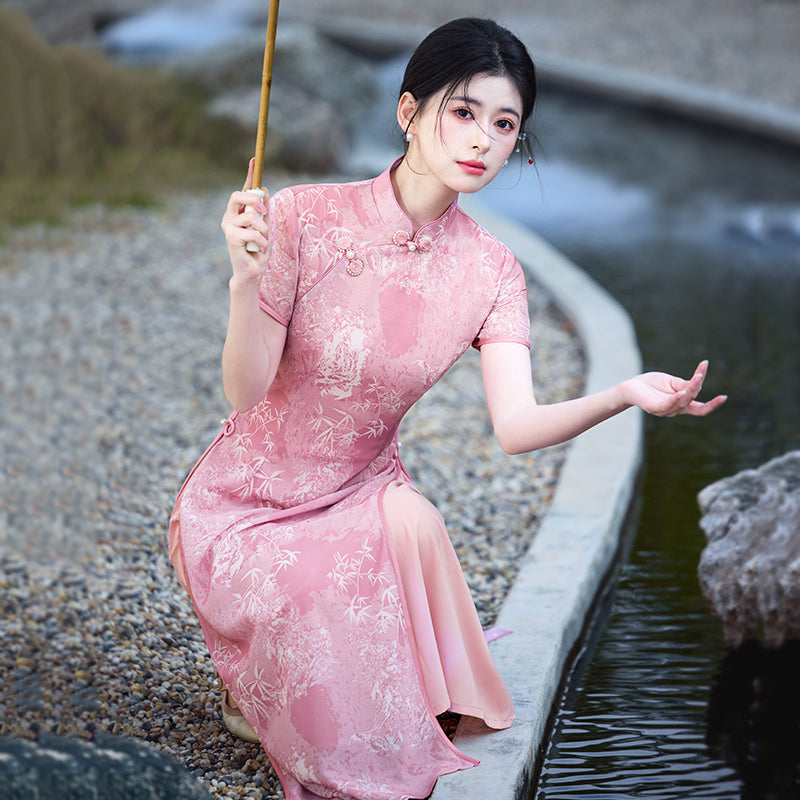 Flower Lantern 花灯游 - Short Sleeve Pink Long Cheongsam
