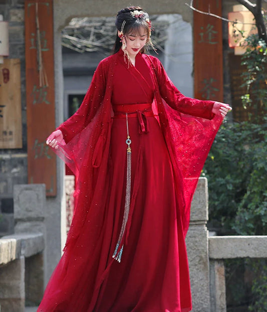 WJNS Dynasties Hanfu - Cross Collar Jiaoling Ruqun in Scarlett