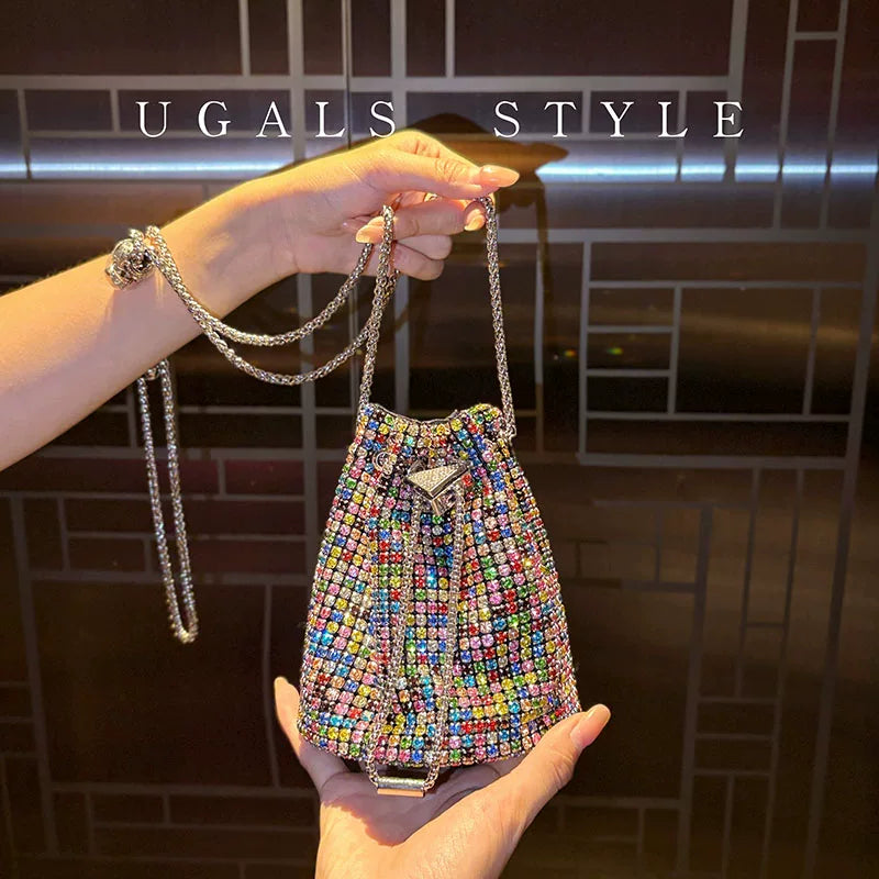 Rhinestone-Embellished Drawstring Bucket Bag