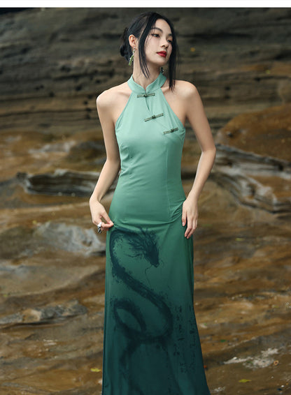 Dragonia - Women's Summer New Chinese Style Halter Neck Cheongsam Dress