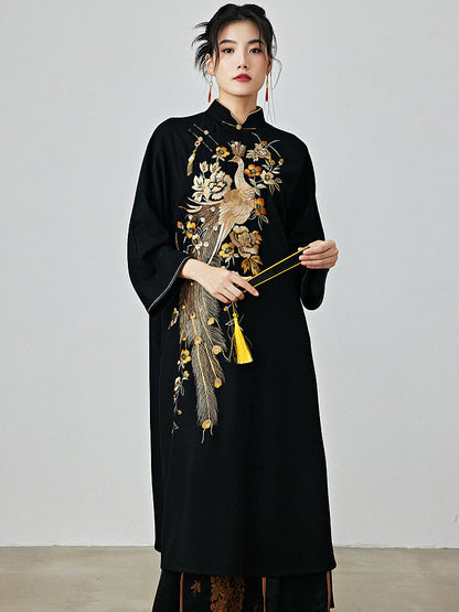 Golden Phoenix - Wool Cheongsam Dress for Autumn and Winter
