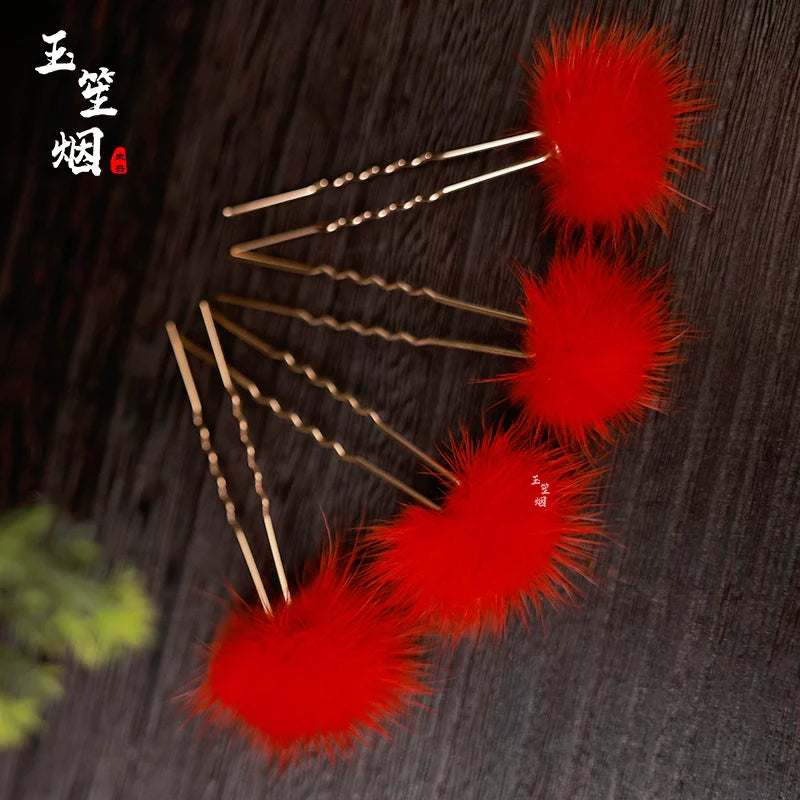 Hair Pins: Red Furballs