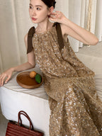Golden Sequin Ribbon Strap Dress