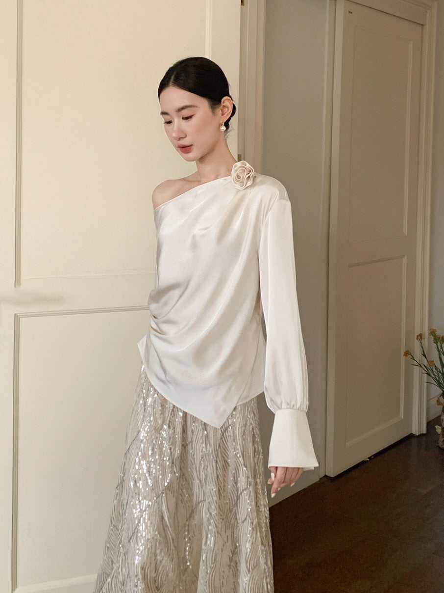 Off-Shoulder Flower Accent Blouse
