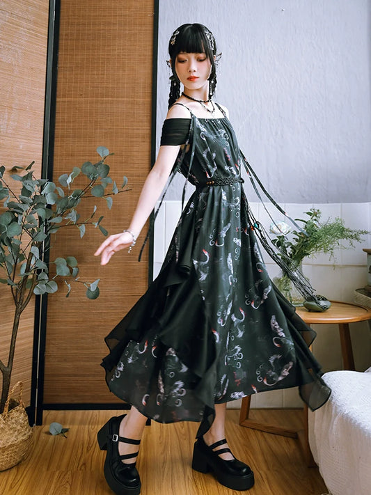 Harrier 鸰鹞 - New Chinese Summer Loose Print Slip Dress
