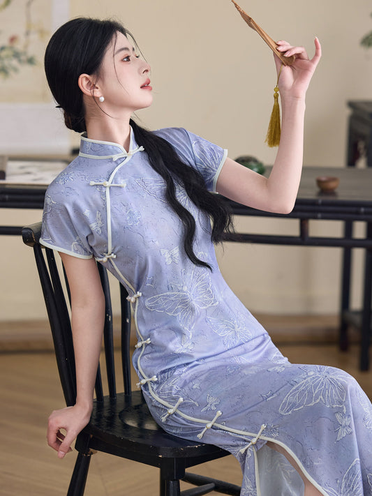 Acacia Butterfly - Short Sleeve Purple Long Cheongsam