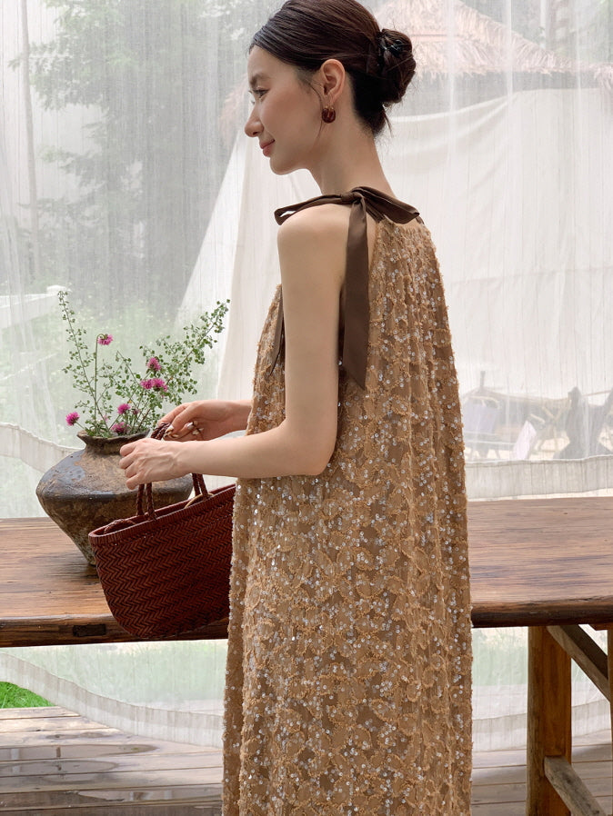 Golden Sequin Ribbon Strap Dress