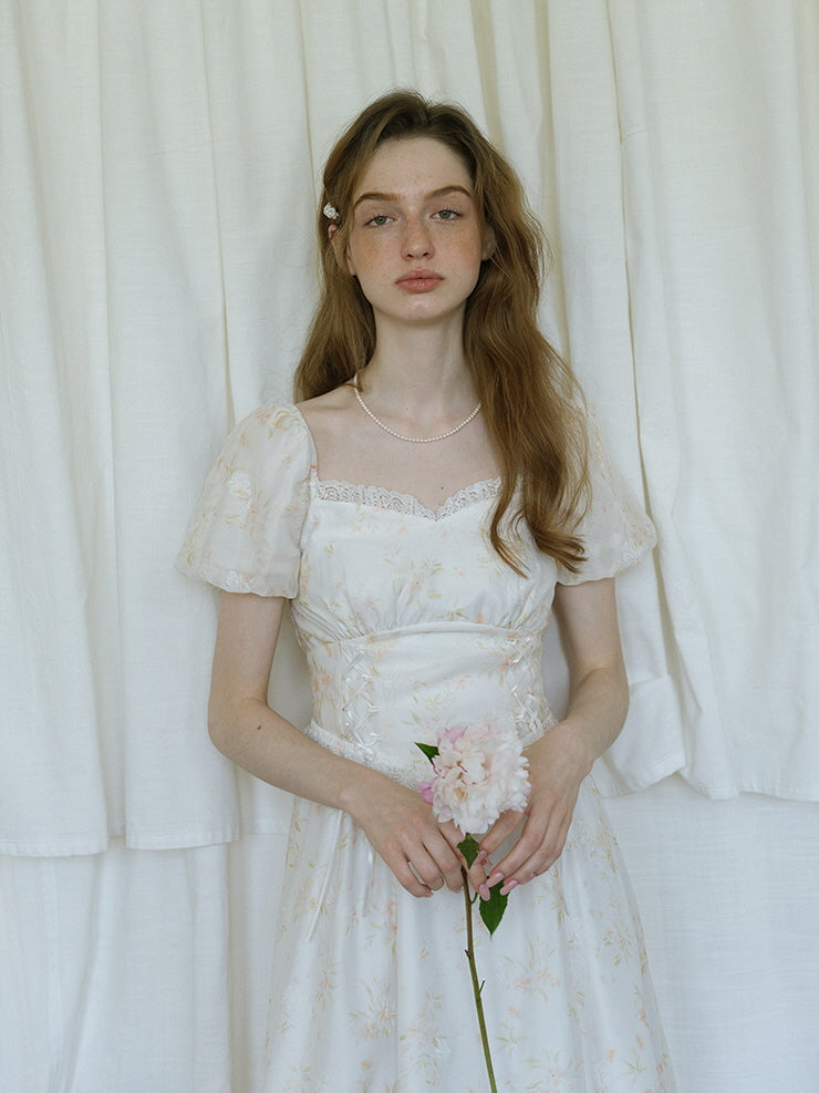 White Floral Corset Waist Dress