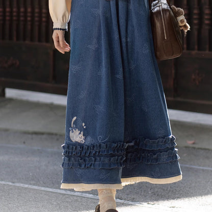 Cat Thread 猫线 - New Chinese Style Daily College Denim Skirt Set