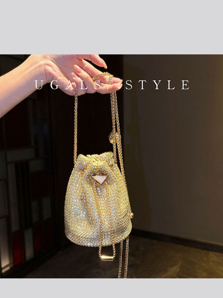 Rhinestone-Embellished Drawstring Bucket Bag