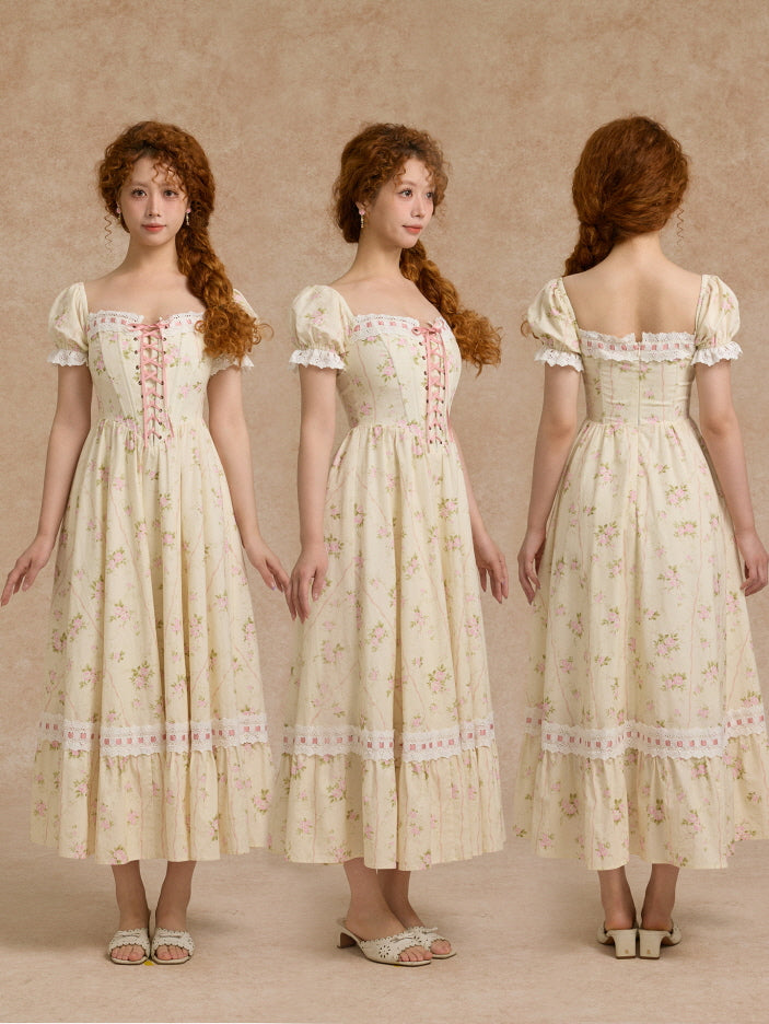 Vintage Rose Garden Lace-Up Off-Shoulder Dress