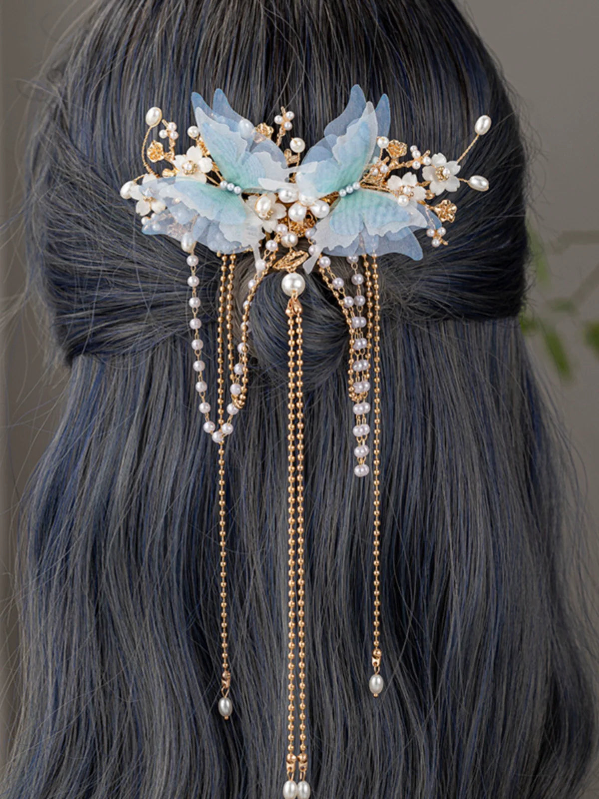 Back Hair Pin: Blue Butterflies with Tassels