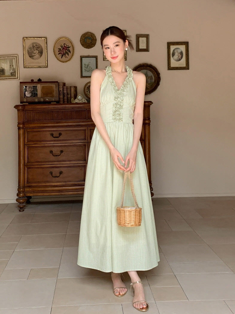 Romantic Green Gingham Halter Dress