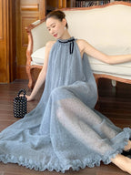 Blue Polka Dot Halter Maxi Dress