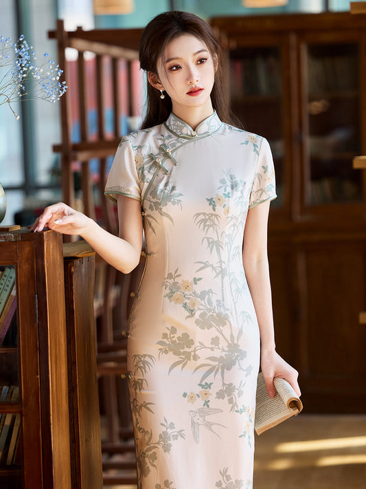 Rice Fields - Short Sleeve Vintage Painting Long Cheongsam