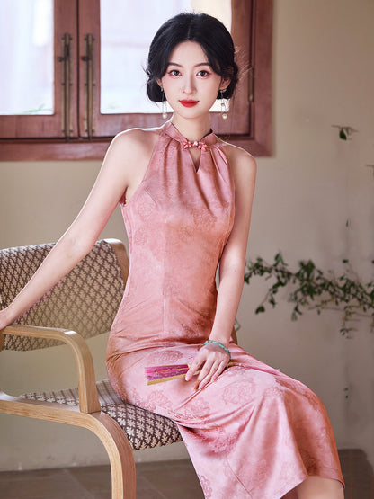 The Beauty - Pink Halter Neck Midi Cheongsam
