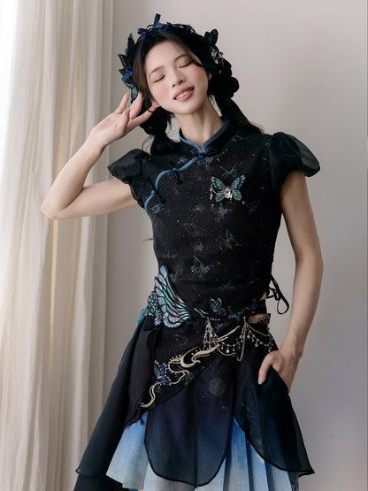 Butterfly Under The Lamp 灯下蝶 - New Chinese Style Eclectic Cheongsam Top and Mamianqun Set (Preorder)