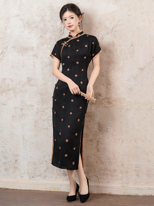 Xuanwen 玄纹 - Short Sleeve Retro Style Long Cheongsam