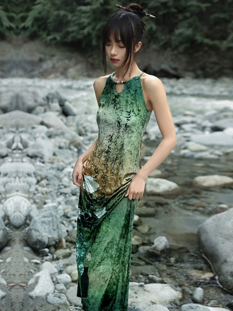 New Chinese Style Retro Cut Halter Neck Dress