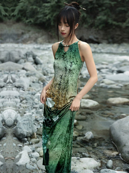 New Chinese Style Retro Cut Halter Neck Dress