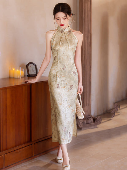 Warm Winds 暖黄雅风 - Halter Neck Satin Long Cheongsam