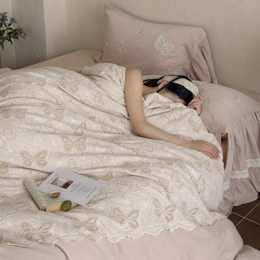 Pink Butterfly Lace Ruffle Bedding Set