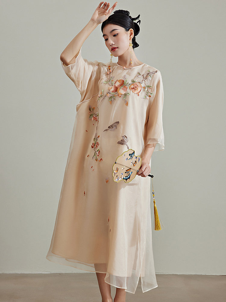 Pomegranate - 100% Silk Loose Cheongsam Dress