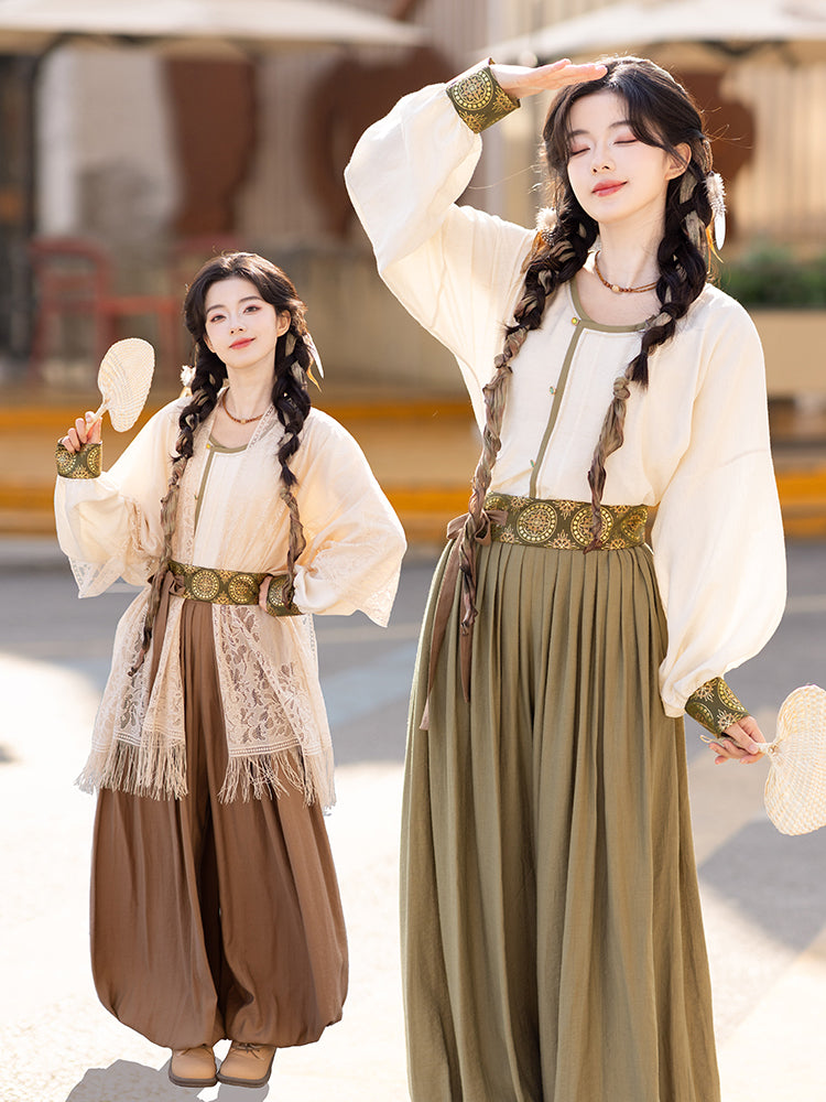 Camel Bells 驼铃 - Tang Dynasty Style Crew Neck Shirt Pleated Bloomers (Preorder)