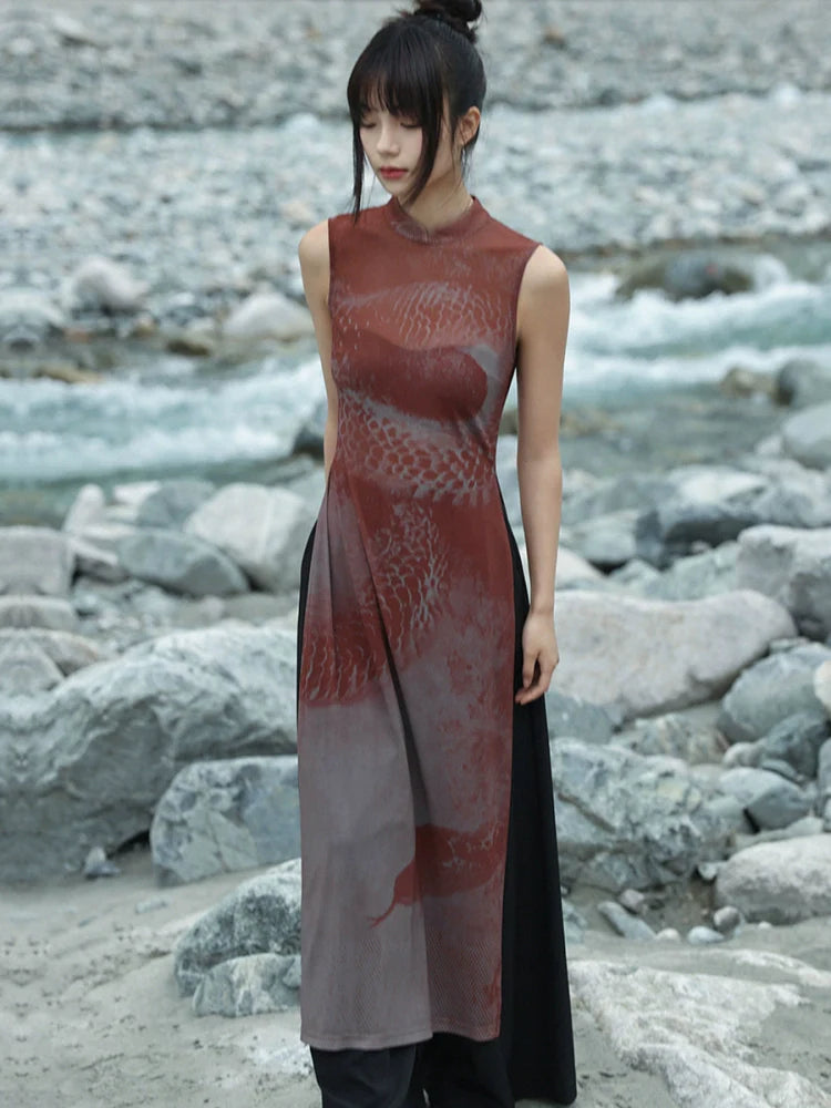 New Chinese Style Summer Slit See-Through Mesh Dress