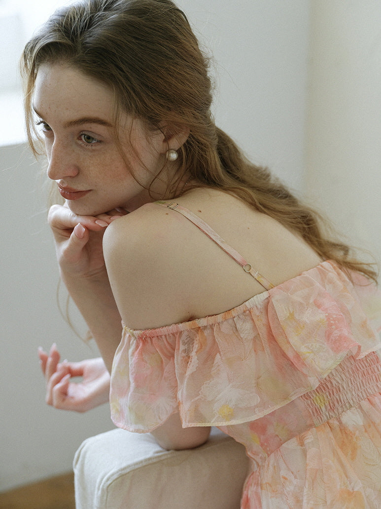 Peach Blossom Off-Shoulder Ruffle Dress