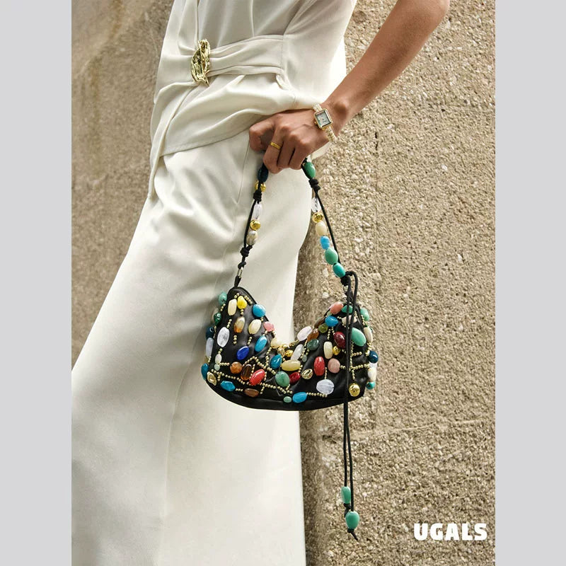 Colorful Stone Silk Satin Dumpling Clutch Bag