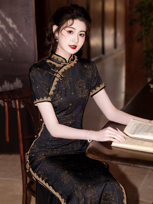 Jinyin - Short Sleeve Black Long Cheongsam