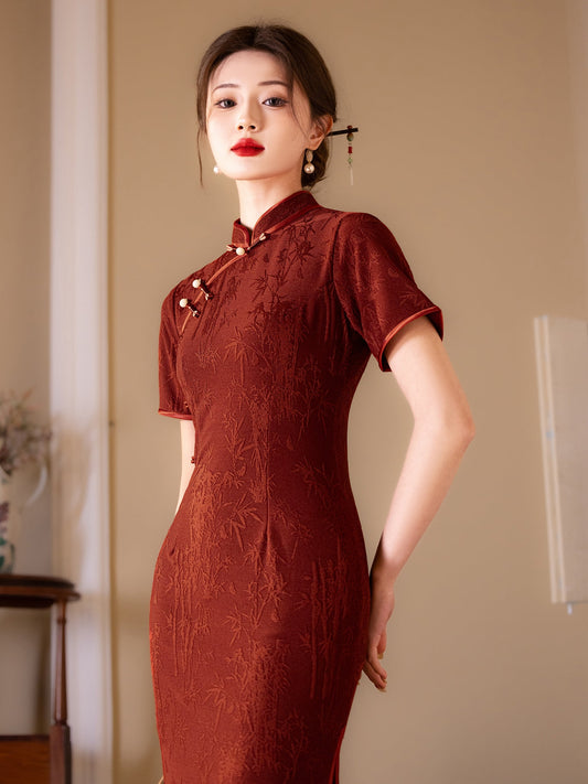 Red Flames 赤焰 - Short Sleeve Wedding Cheongsam for Tea Ceremony