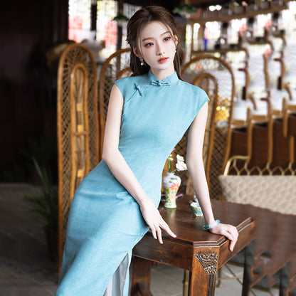 Lake - Sleeveless Vintage Blue Cheongsam