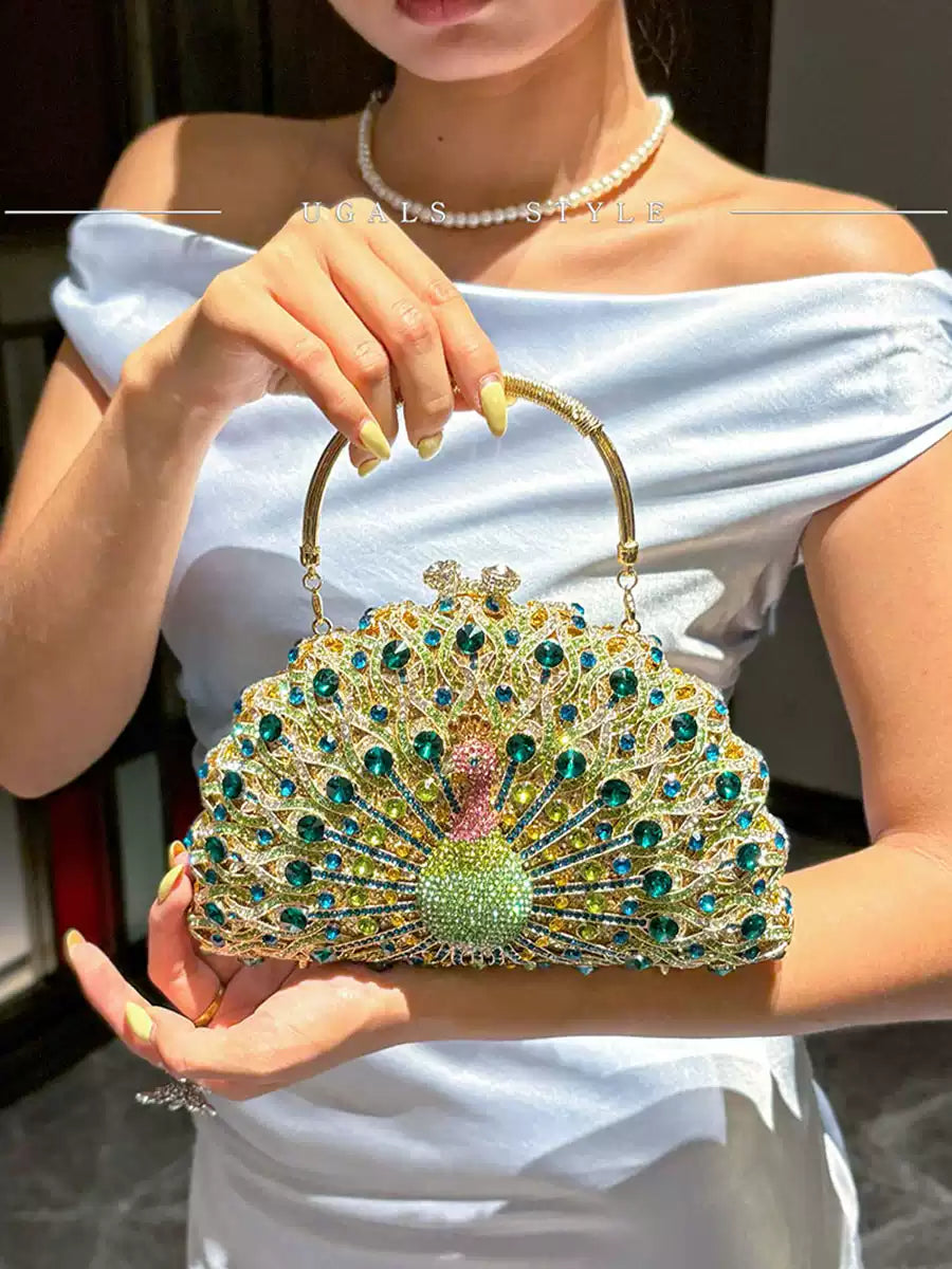 Rhinestone Embellished Peacock Evening Clutch Bag